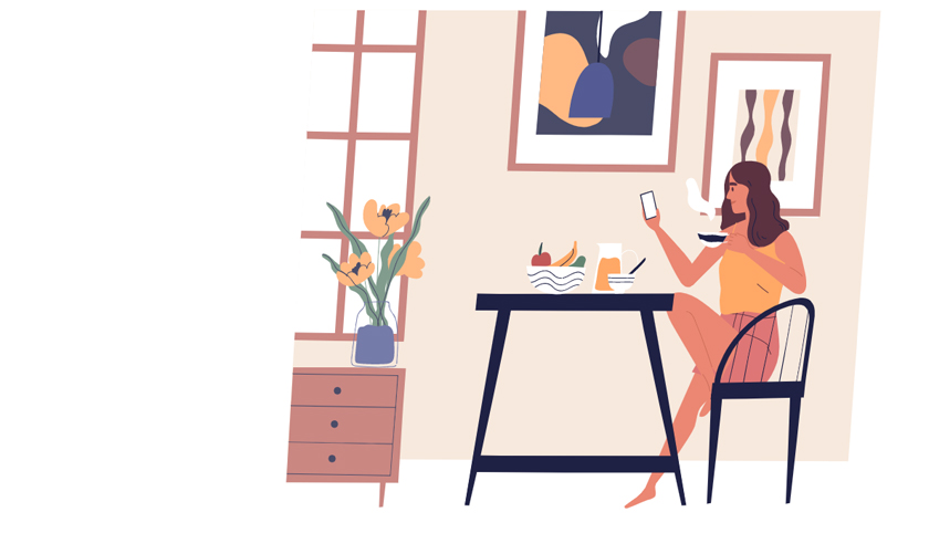 Animated image of a young women sitting at a table having a meal while looking a her phone
