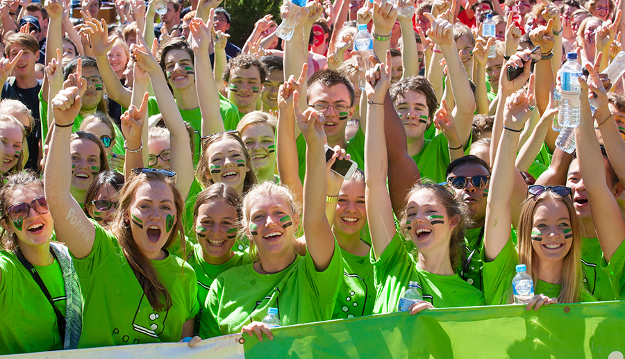 UniHallers cheering in the crowd at the fresher festival