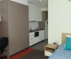 Image of bed, kitchenette and wardrobe space within the studio room