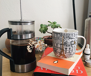 Image of coffee cup and coffee press on a counter