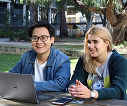 Image of two people studying at an outside picnic table with laptop
