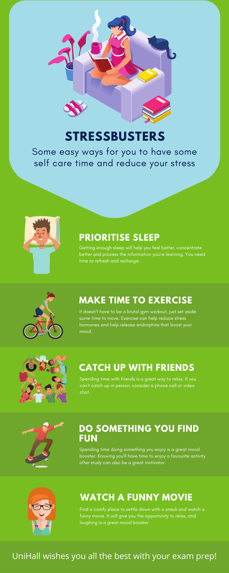 Image depicting ways to practice self care and reduce stress