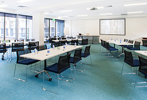 Seminar room with views into the lower quad