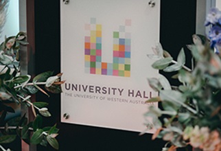 UniHall logo on semiar podium